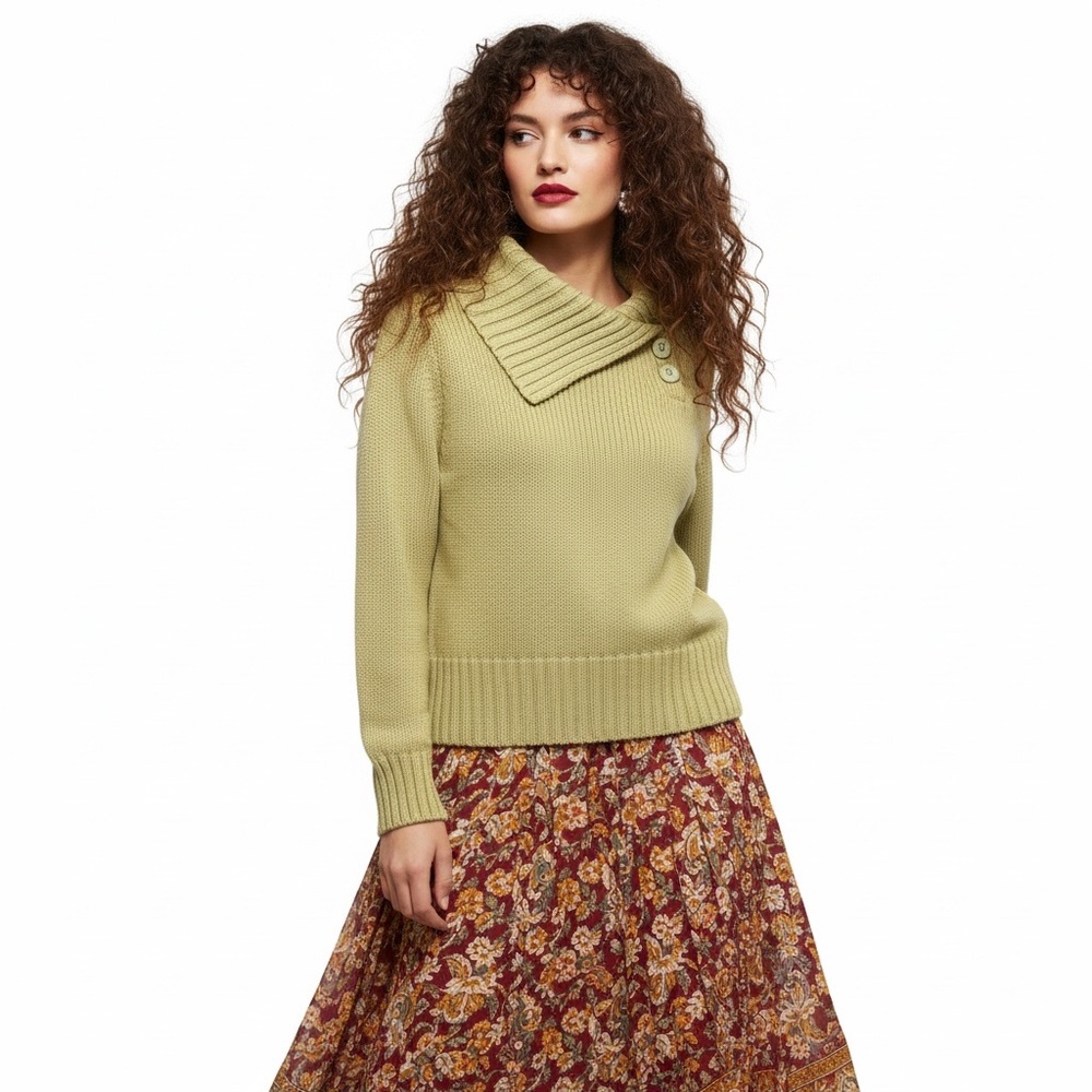 Bianca Nygard Green Cotton Knit Asymmetric Button Cowl Neck Sweater - L